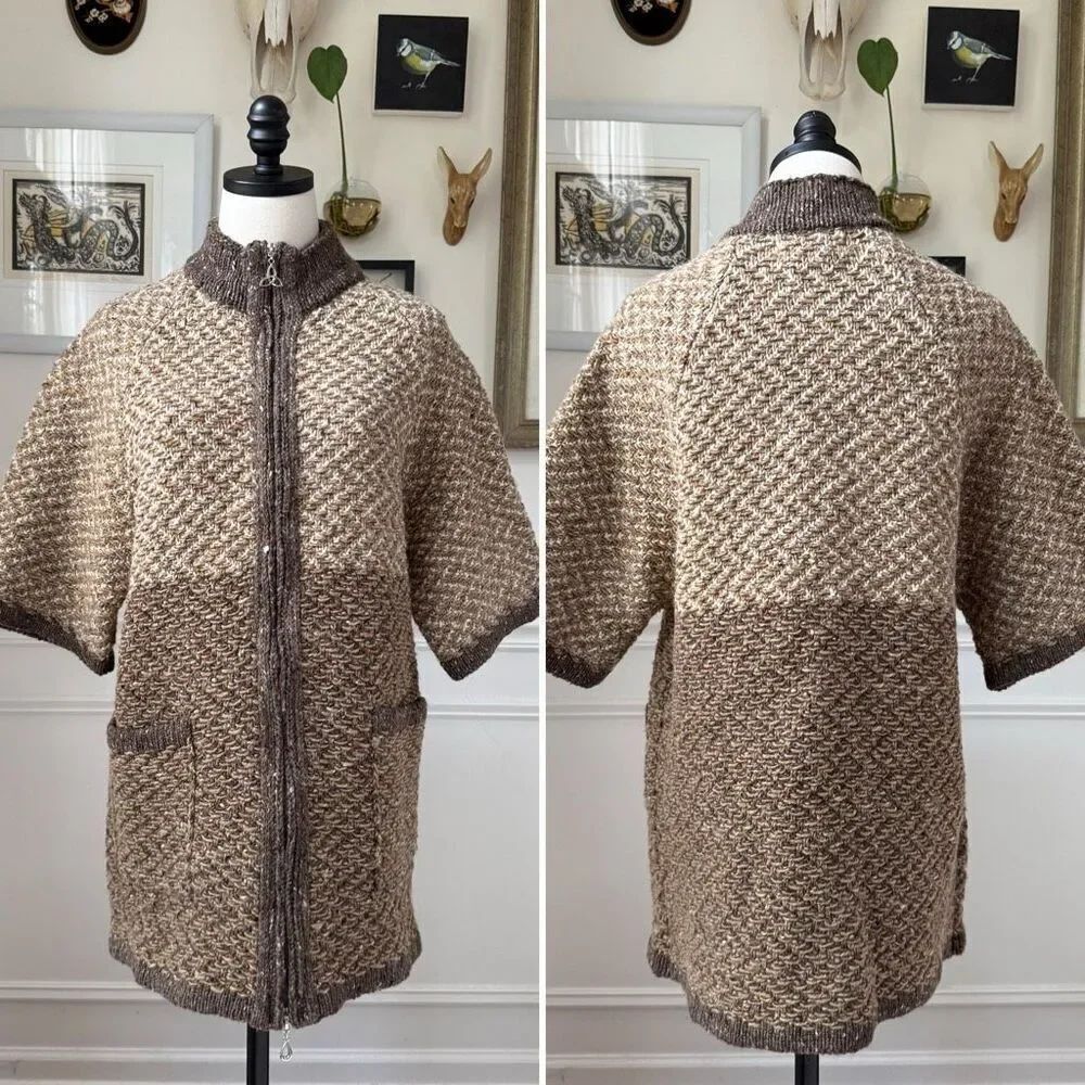 Aran Crafts 2 Way Zip 100% Wool Sweater Colorblock Tweed Half Sleeves Ireland M